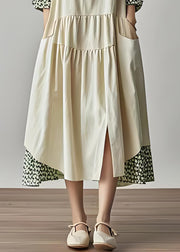Casual Beige V Neck Pockets Print Cotton Dresses Summer