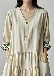 Casual Beige V Neck Pockets Print Cotton Dresses Summer