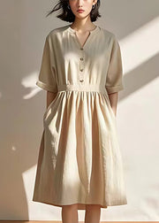 Casual Beige V Neck Pockets Wrinkled Linen Dresses Summer
