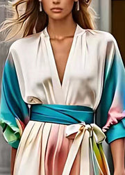 Casual Beige V Neck Wrinkled Silk Holiday Maxi Dress Half Sleeve