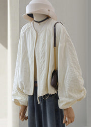 Casual Beige Zip Up Drawstring Loose Cotton Jackets Lantern Sleeve