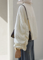 Casual Beige Zip Up Drawstring Loose Cotton Jackets Lantern Sleeve