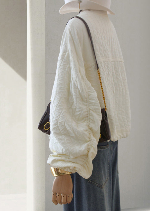 Casual Beige Zip Up Drawstring Loose Cotton Jackets Lantern Sleeve