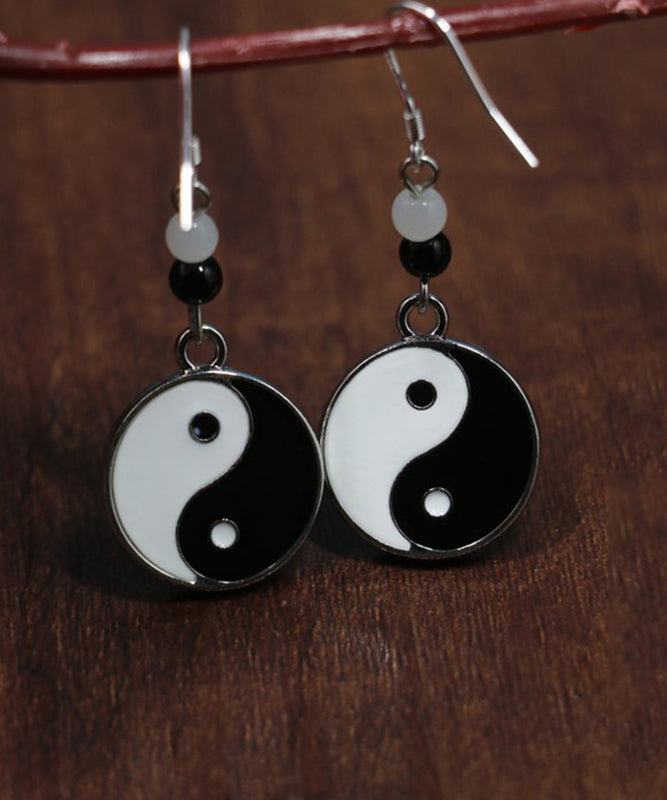 Casual Black And White Sterling Silver Jade Tai Chi Circular Drop Earrings