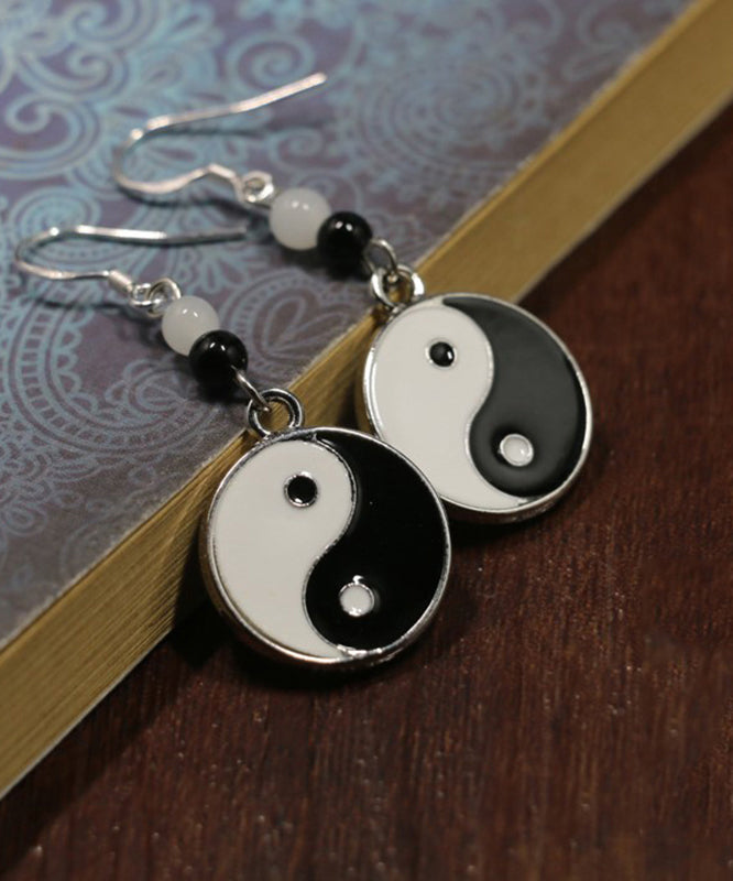 Casual Black And White Sterling Silver Jade Tai Chi Circular Drop Earrings