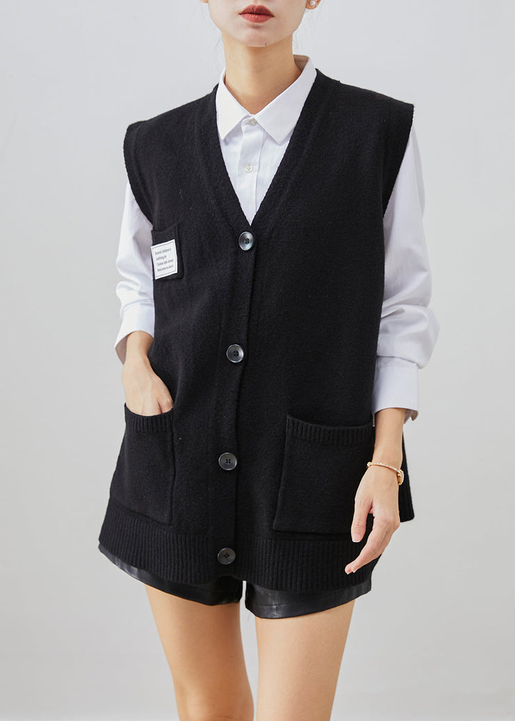 Casual Black Applique Thick Knit Vest Tops Fall