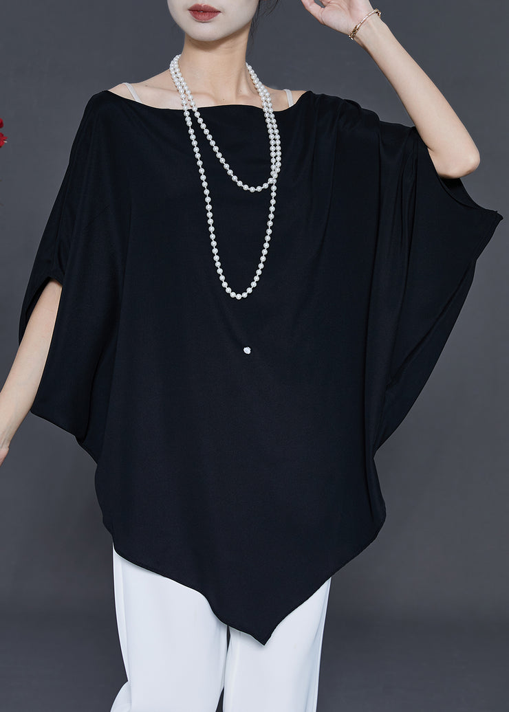 Casual Black Asymmetrical Chiffon Shirts Batwing Sleeve