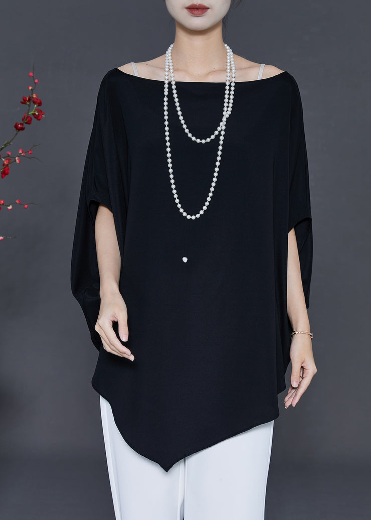 Casual Black Asymmetrical Chiffon Shirts Batwing Sleeve