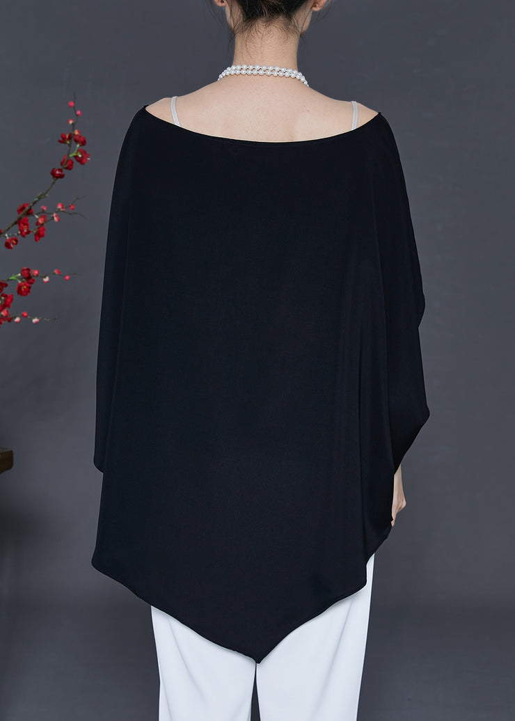 Casual Black Asymmetrical Chiffon Shirts Batwing Sleeve