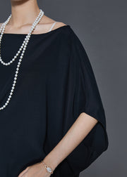 Casual Black Asymmetrical Chiffon Shirts Batwing Sleeve