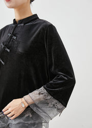 Casual Black Asymmetrical Organza Patchwork Chinese Button Silk Velour Shirt Top Fall