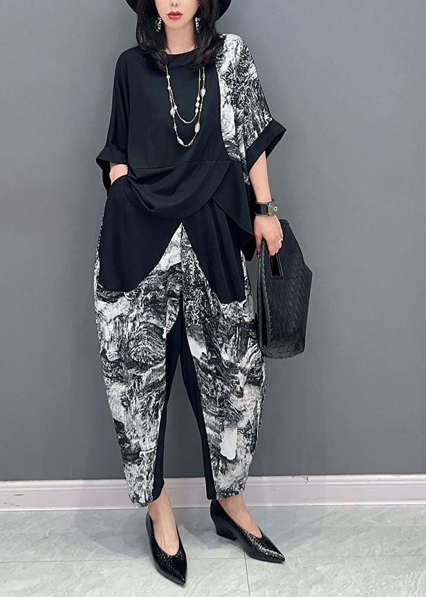 Casual Black Asymmetrical Print Patchwork Cotton 2 Piece Outfit Summer