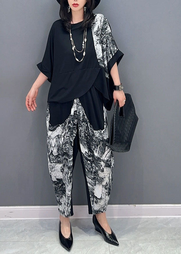 Casual Black Asymmetrical Print Patchwork Cotton 2 Piece Outfit Summer