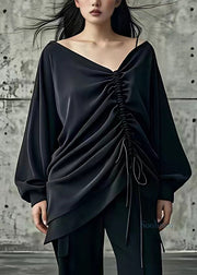 Casual Black Asymmetrical Wrinkled Shirt Long Sleeve