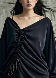 Casual Black Asymmetrical Wrinkled Shirt Long Sleeve