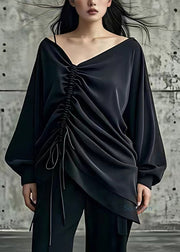 Casual Black Asymmetrical Wrinkled Shirt Long Sleeve