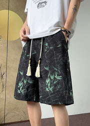 Casual Black Bamboo Print Elastic Waist Cotton Men Beach Shorts Summer
