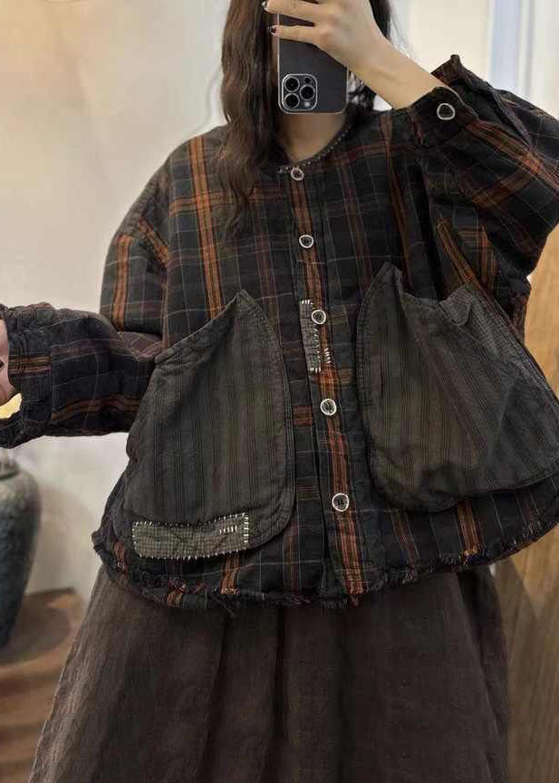 Casual Black Brown Plaid Oversized Patchwork Big Pockets Fine Cotton Filled Coat Winter