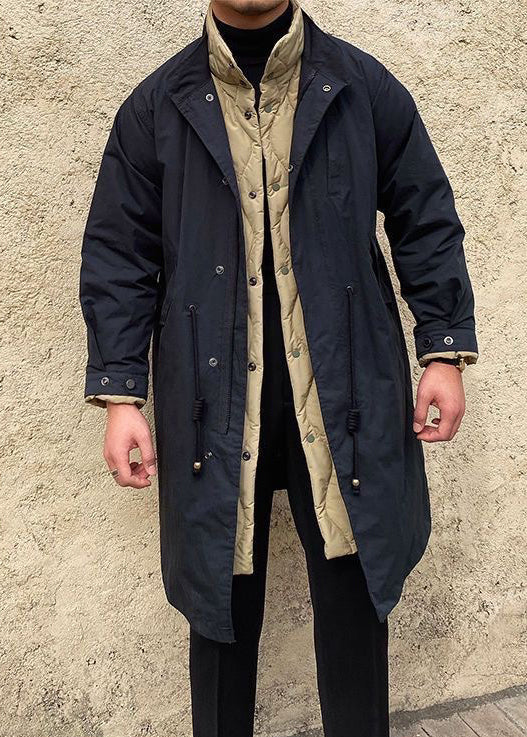 Casual Black Button Drawstring Patchwork Men Parka Winter