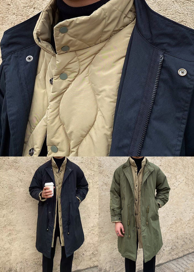 Casual Black Button Drawstring Patchwork Men Parka Winter