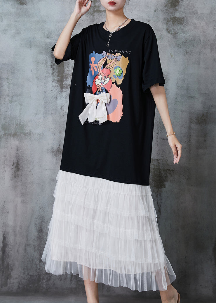Casual Black Cartoon Bow Patchwork Cotton Maxi Dresses Summer