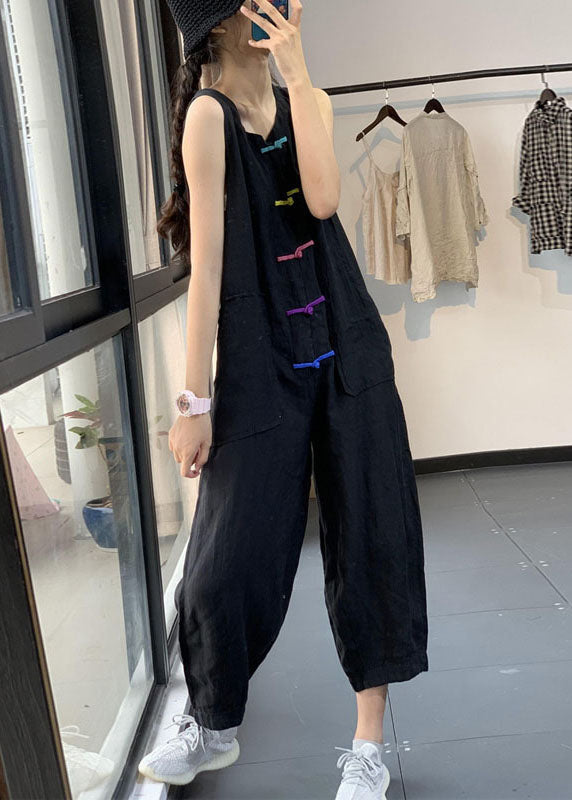 Casual Black Chinese Button Pockets Patchwork Linen Jumpsuits Summer