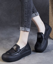Casual Black Cowhide Leather Hollow Out Loafers Shoes For Women
