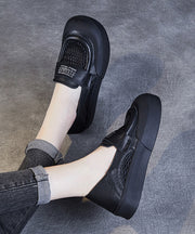 Casual Black Cowhide Leather Hollow Out Loafers Shoes For Women