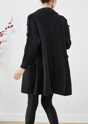 Casual Black Double Breast Patchwork Woolen Trench Coats Fall