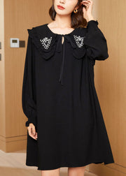 Casual Black Double-Layer Collar Lace Up Cotton Mid Dress Spring