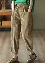 Casual Black Elastic Waist Patchwork Pockets Corduroy Pants Spring