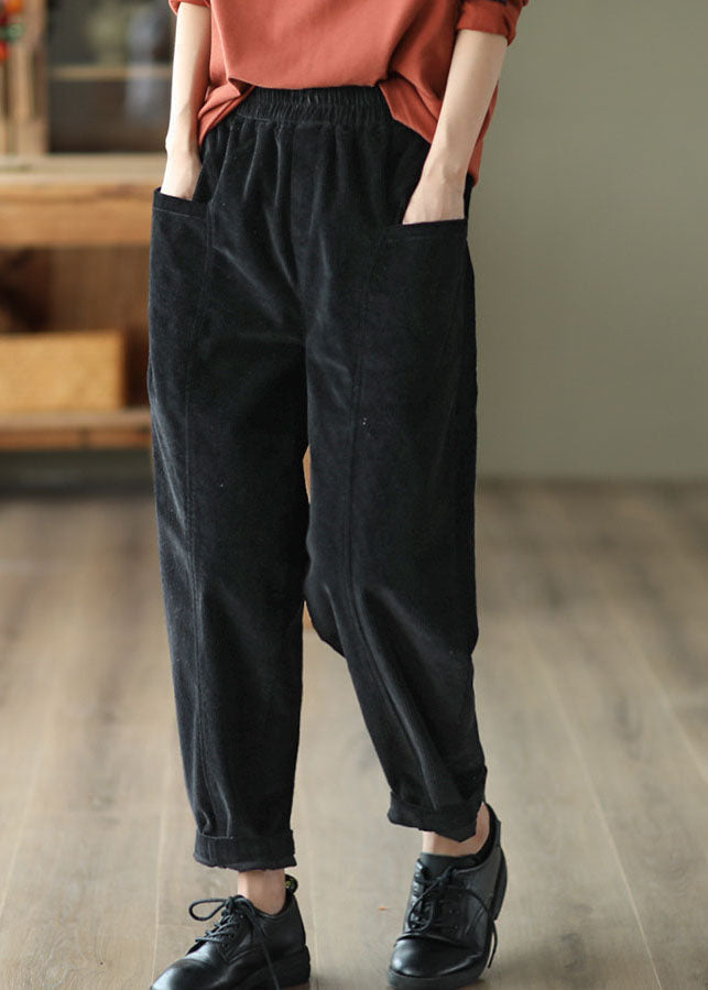 Casual Black Elastic Waist Patchwork Pockets Corduroy Pants Spring