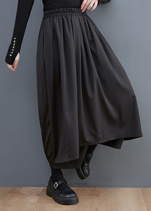 Casual Black Elastic Waist Pockets Solid Wide Leg Pants Skirt Summer