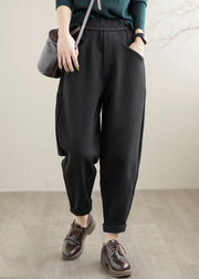 Casual Black Elastic Waist Pockets Warm Fleece Harem Pants Winter