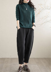 Casual Black Elastic Waist Pockets Warm Fleece Harem Pants Winter