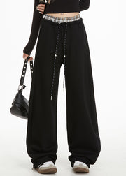 Casual Black Elastic Waist Straight Pants Spring