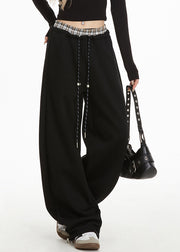 Casual Black Elastic Waist Straight Pants Spring