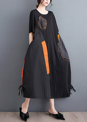 Casual Black Embroideried Floral Drawstring Long Dress Short Sleeve