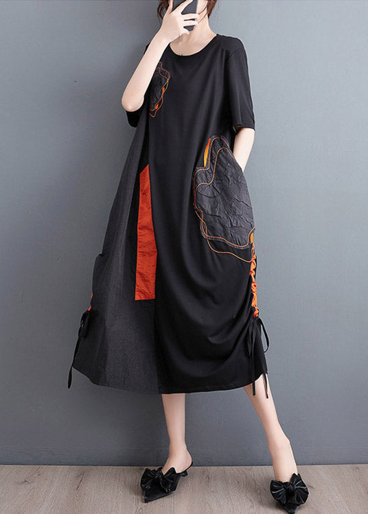 Casual Black Embroideried Floral Drawstring Long Dress Short Sleeve