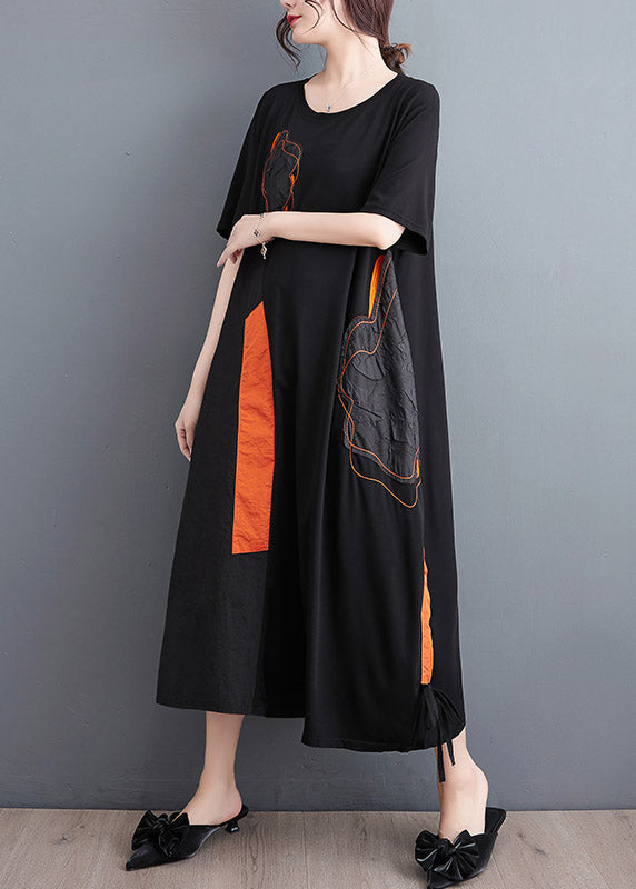 Casual Black Embroideried Floral Drawstring Long Dress Short Sleeve