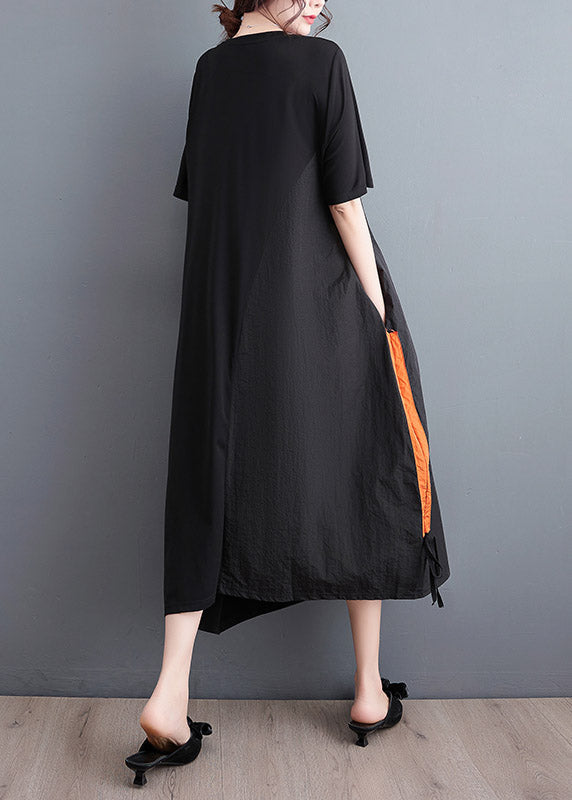 Casual Black Embroideried Floral Drawstring Long Dress Short Sleeve