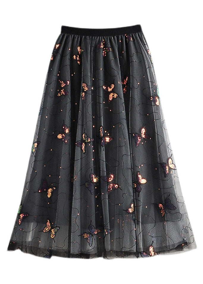 Casual Black Embroideried Sequins Layered Tulle A Line Skirt Summer