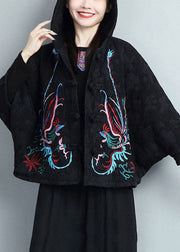 Casual Black Embroideried Warm Fleece Coats And Pants Skirts Two Pieces Set Batwing Sleeve