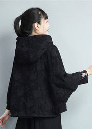 Casual Black Embroideried Warm Fleece Coats And Pants Skirts Two Pieces Set Batwing Sleeve