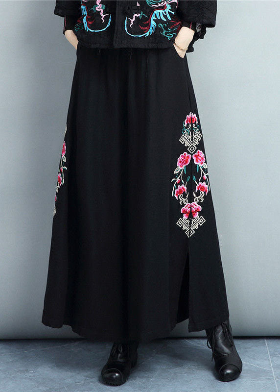 Casual Black Embroideried Warm Fleece Coats And Pants Skirts Two Pieces Set Batwing Sleeve