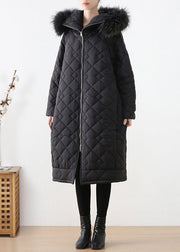 Casual Black Fur Collar Zippered Thick Hooded Parka Winter