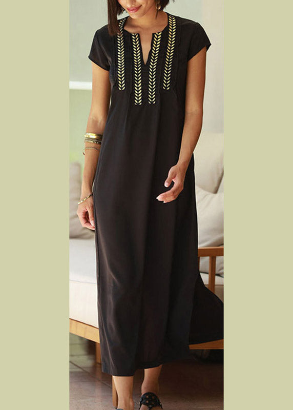 Casual Black Gold Embroideried Floral Long Beach Dresses Summer