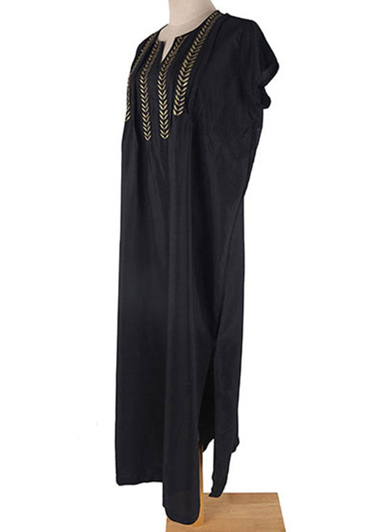 Casual Black Gold Embroideried Floral Long Beach Dresses Summer