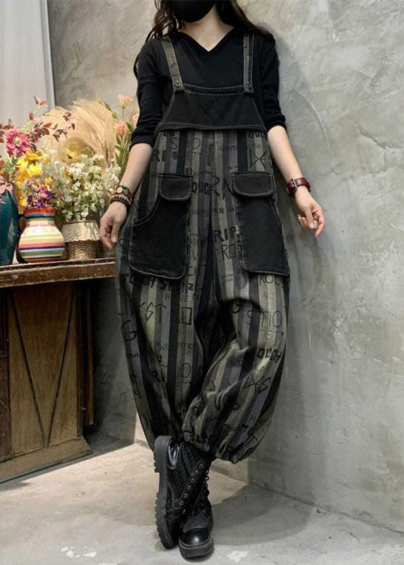 Casual Black Graphic Print Striped Button Denim Jumpsuits Spring