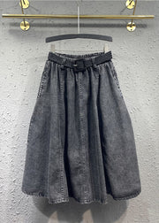 Casual Black Gray Elastic Waist Pleated Pocket Denim Skirt Autumn